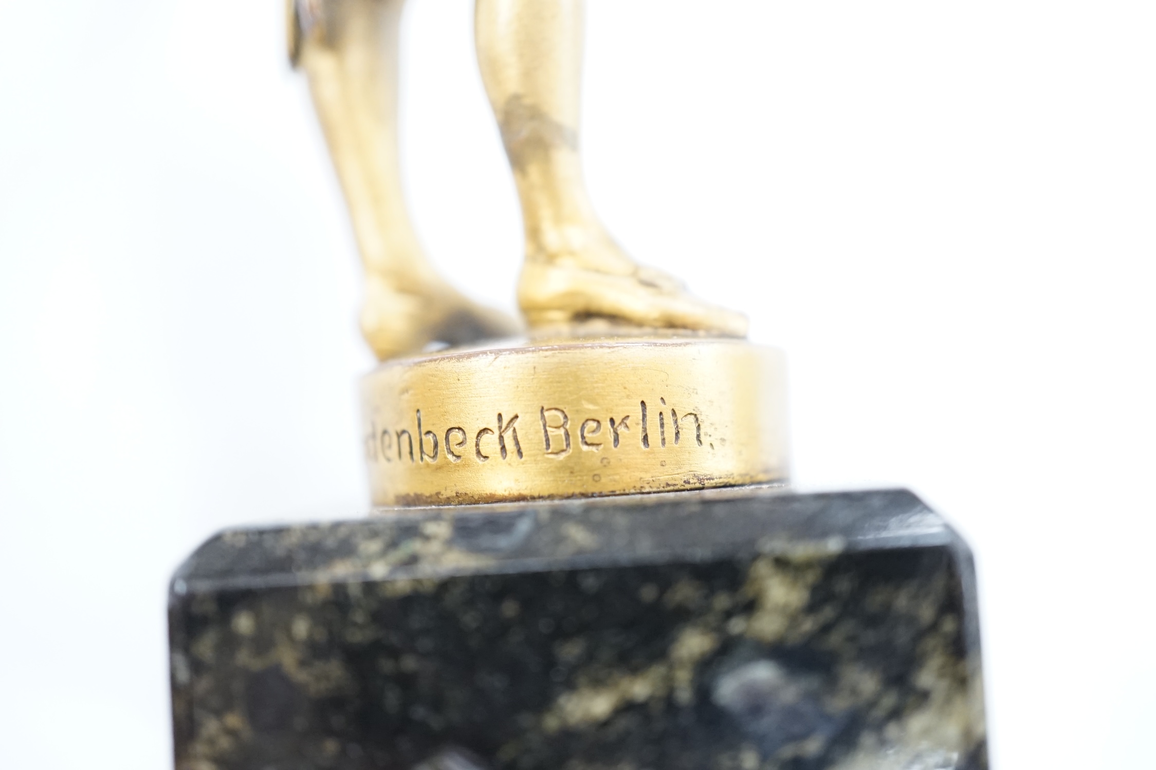 An ormolu bronze of a violinist on a marble base, signed Aktien-Gesellschaft Gladenbeck, Berlin, 14cm high